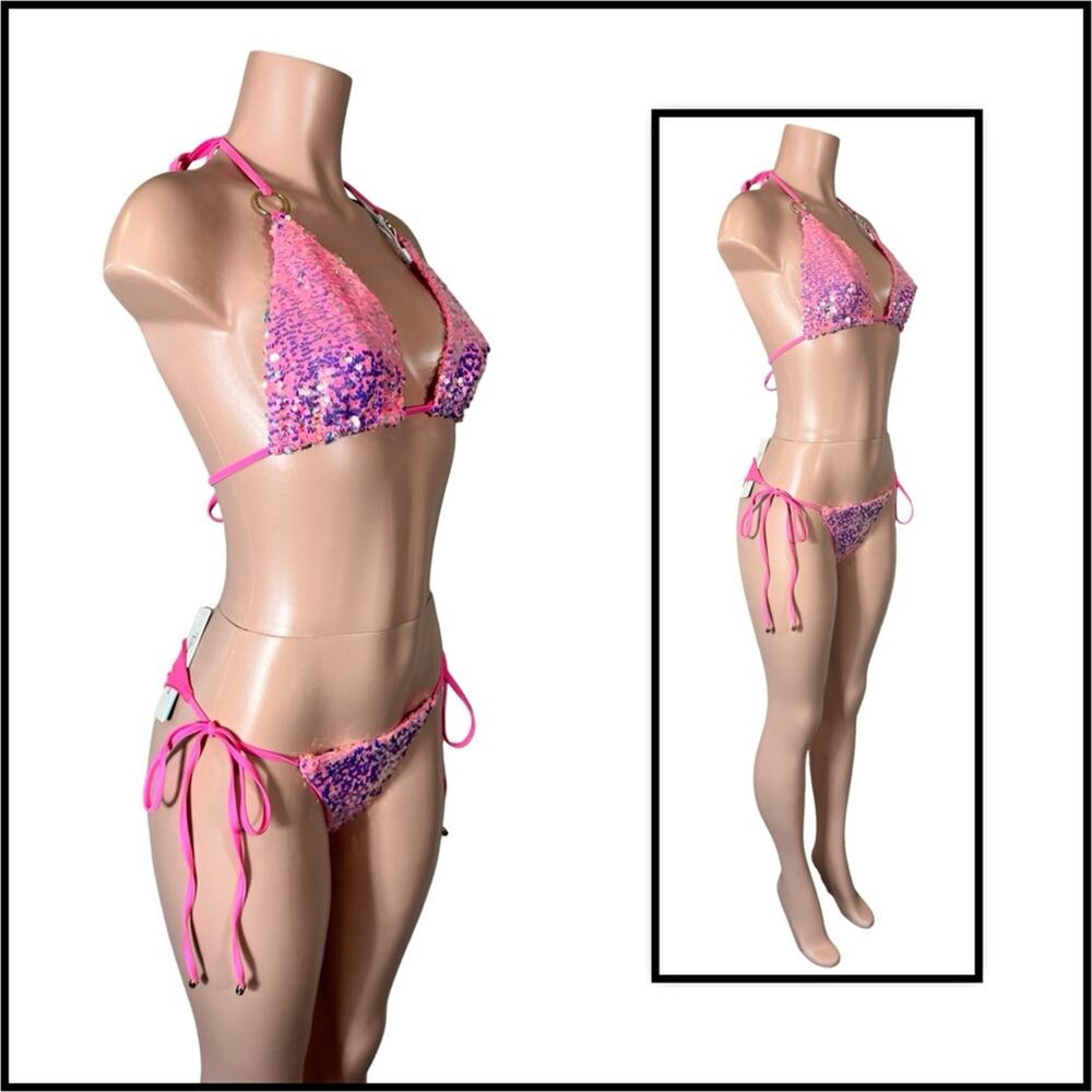 Beach Bunny Pink Icon DD Triangle Top & L Icon Tie Side Skimpy Bottom $250 - Picture 10 of 14